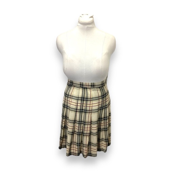Vintage 90s Y2K Michael K & Company Beige Plaid Pleated Knee Length A-line Skirt - Picture 1 of 10